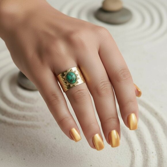 🆕️ Elegant 18K Gold Plated Adjustable Ring with Moss Agate Stone, Fits 7-8 💍 - Picture 10 of 17